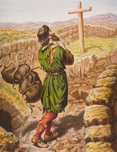 Christian loses his burden at the cross, illustration from 